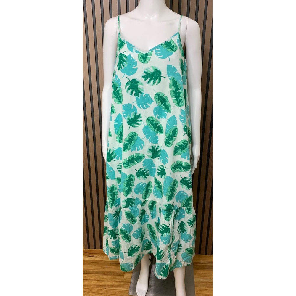 J.Crew Monstera Leaf Print Cotton Maxi Dress Blue Green M Classic